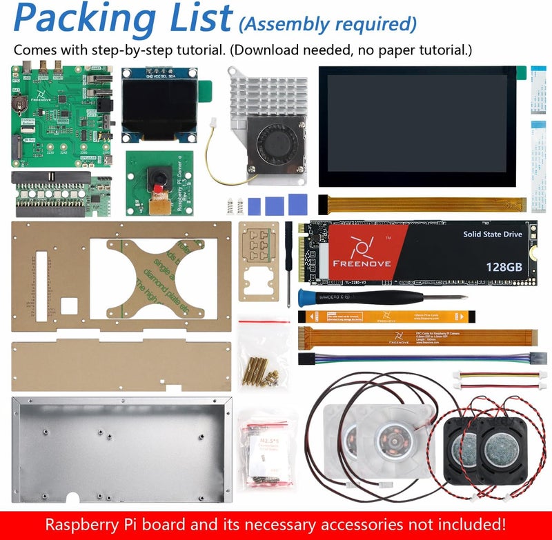 FREENOVE Raspberry Pi 5 Case with Screen (4.3'' Touchscreen), 128GB M.2 NVMe SSD 800 MB/s, 5 MP Camera, OLED Screen, Stereo Speakers, 3.5 mm and Optical Audio (S/PDIF) - Image 2